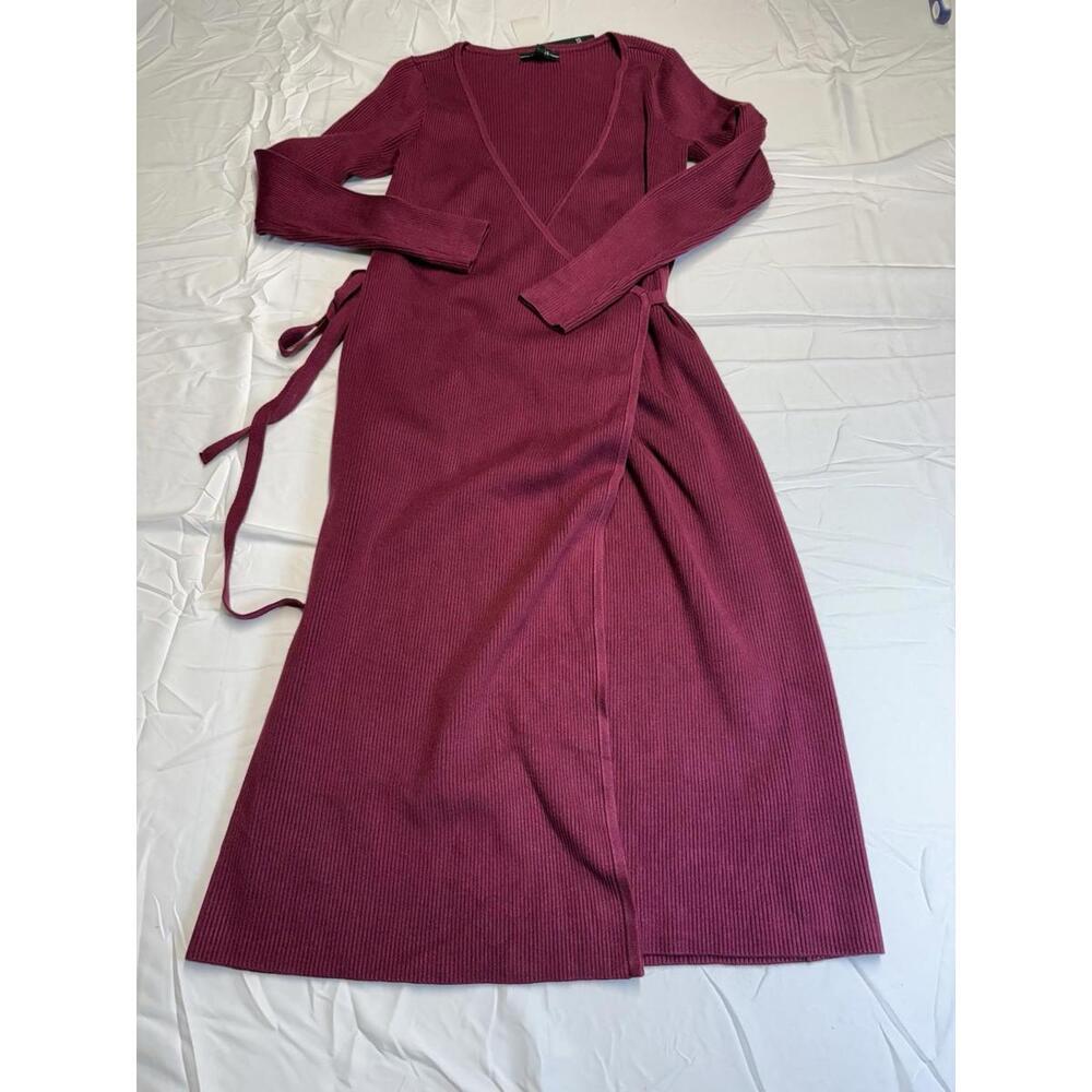 Work Siren Guess Everly Long Slve Wrap Sweater Dress Garnet Wine Midi V Neck - Picture 3 of 8